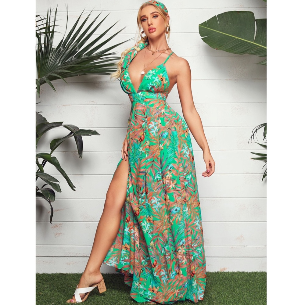 Tropical Print Maxi Dress Green Cut Out Open Back - Picture 5 of 6